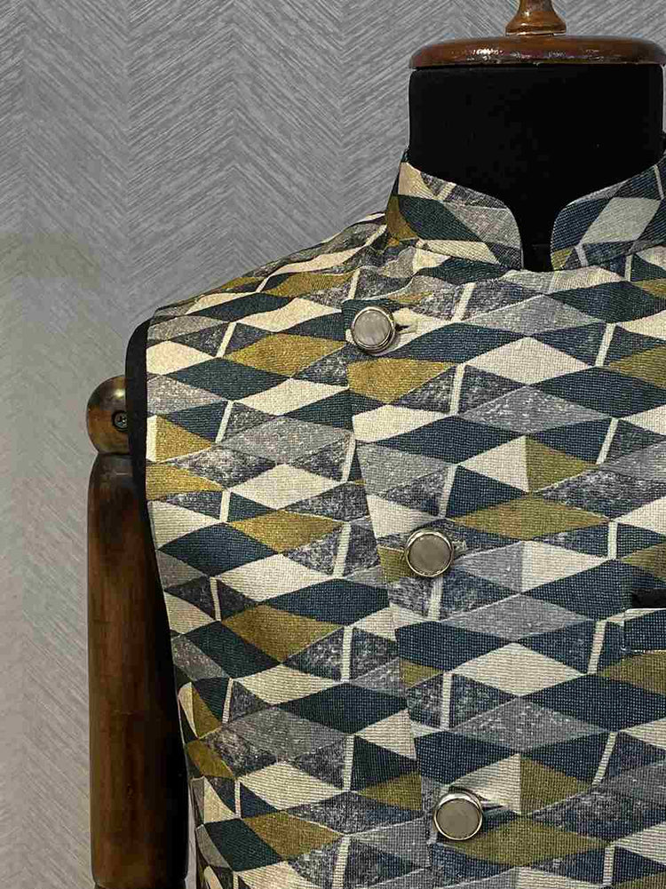 Asymmetric silk Nehru Jacket with blue-green colour block print