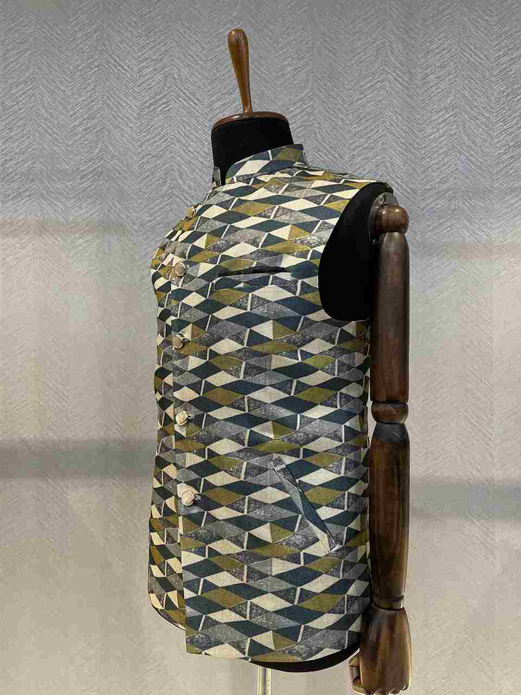 Asymmetric silk Nehru Jacket with blue-green colour block print