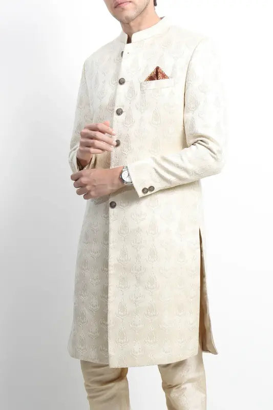 Light gold jacquard sherwani set