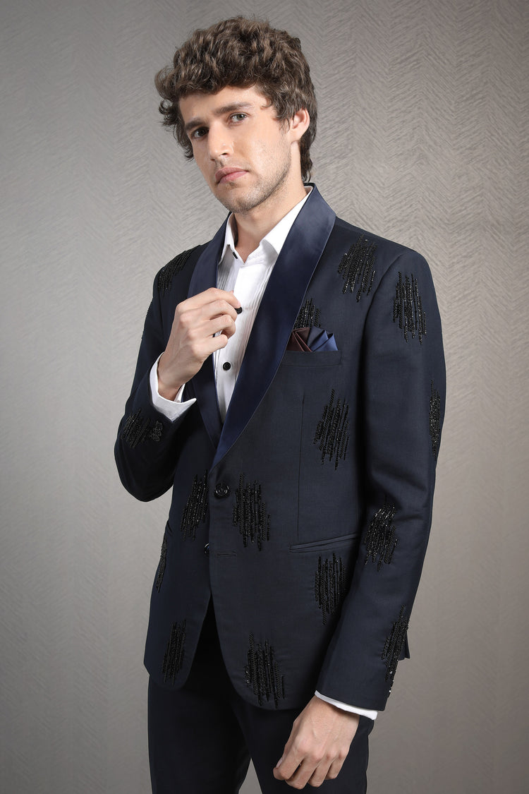 Midnight blue embroidered tuxedo blazer set