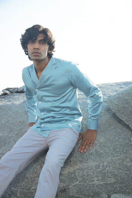 Sky blue peak lapel lounge shirt