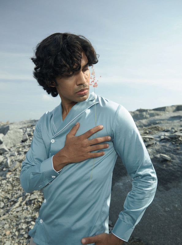 Sky blue peak lapel lounge shirt