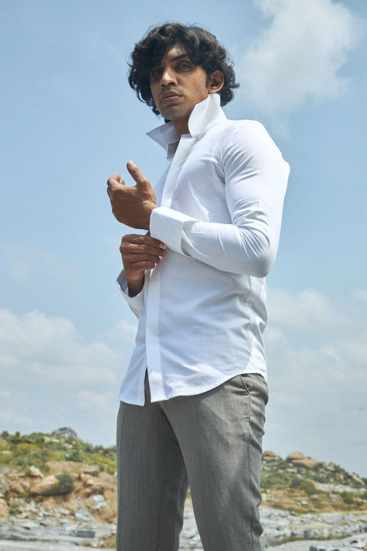 Textured white high-collar shirt