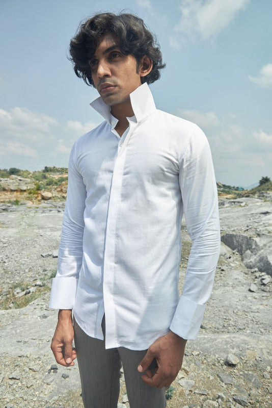 Textured white high-collar shirt
