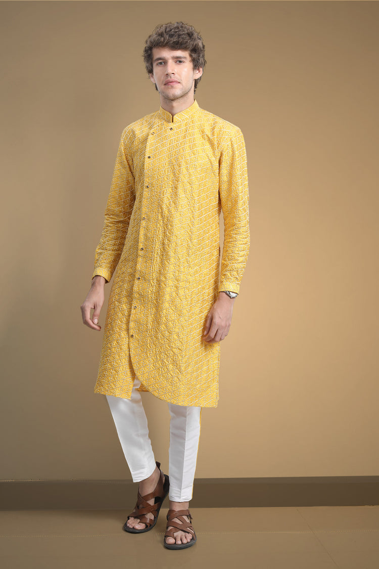 Asymmetric curved hem embroidered kurta set