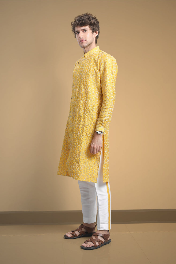 Asymmetric curved hem embroidered kurta set