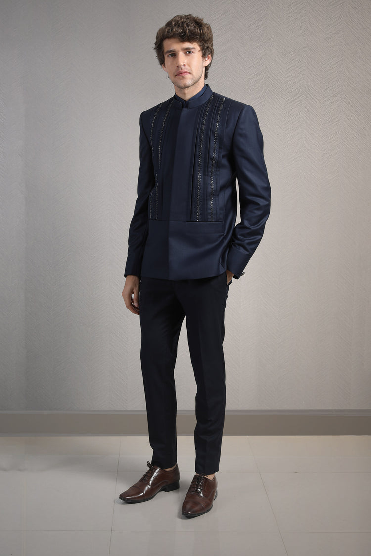 Midnight blue bandhgala set with cutdana embroidery