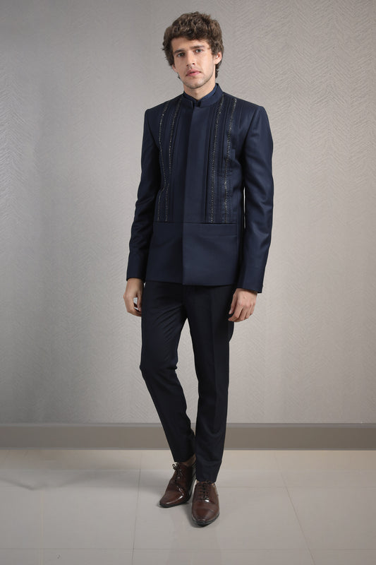 Midnight blue bandhgala set with cutdana embroidery