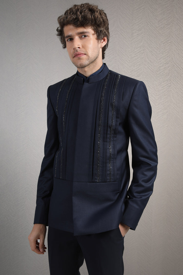 Midnight blue bandhgala set with cutdana embroidery