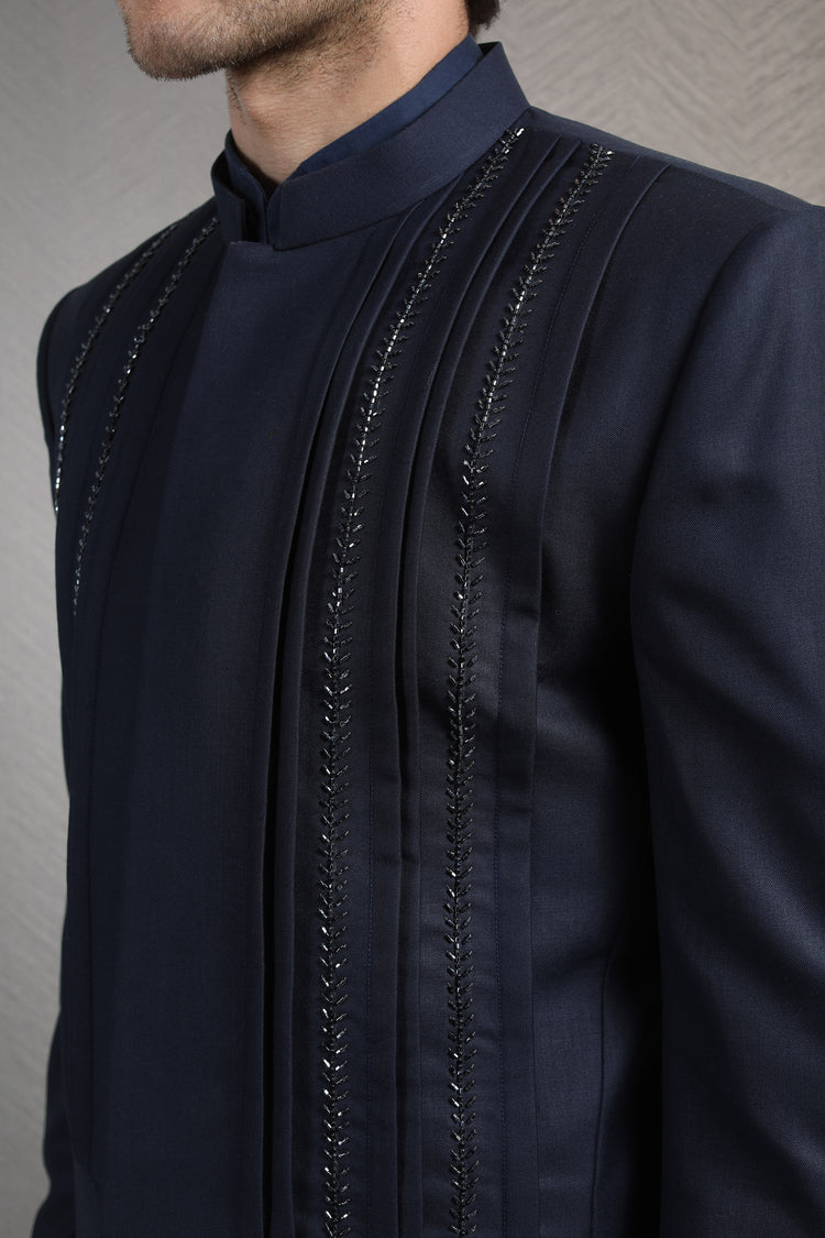 Midnight blue bandhgala set with cutdana embroidery