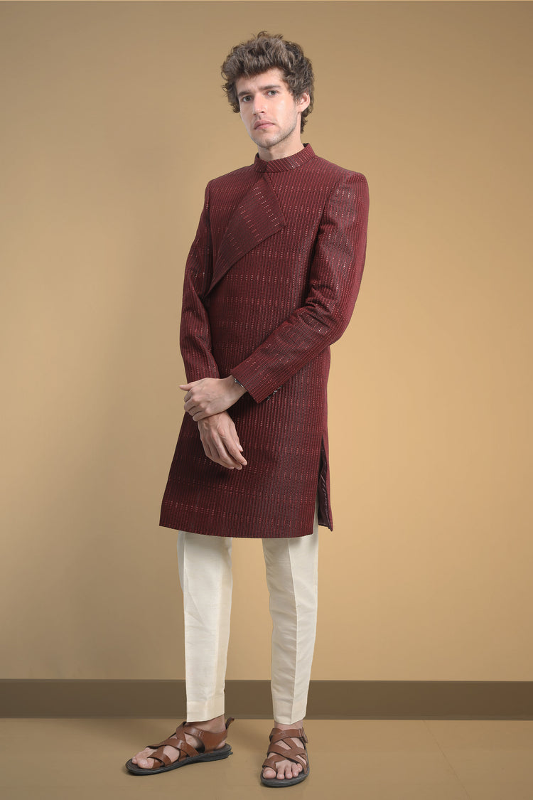 Asymmetric deep maroon collar line maroon indowestern set
