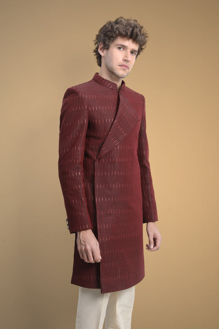 Asymmetric deep maroon collar line maroon indowestern set