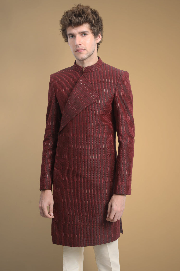 Asymmetric deep maroon collar line maroon indowestern set