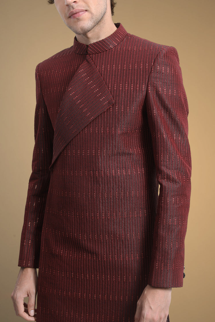 Asymmetric deep maroon collar line maroon indowestern set