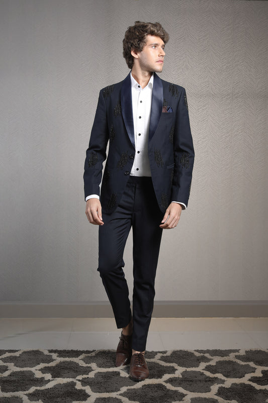 Midnight blue embroidered tuxedo blazer set