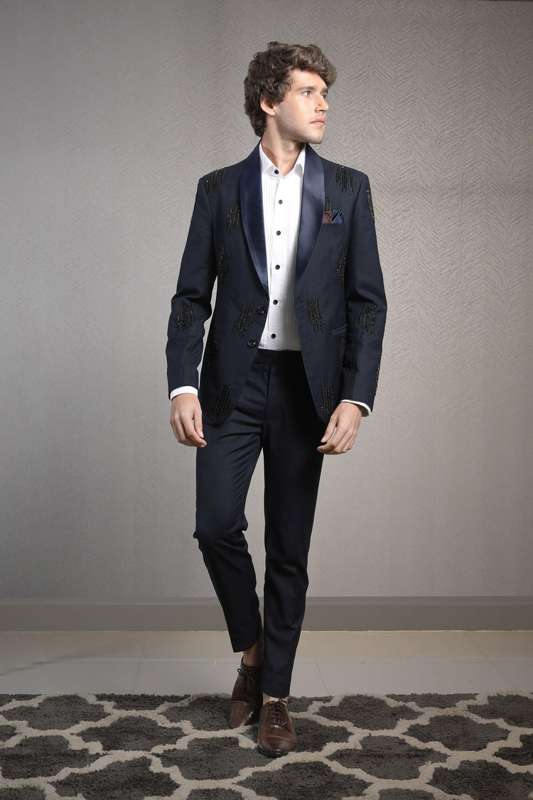 Midnight blue embroidered tuxedo blazer set