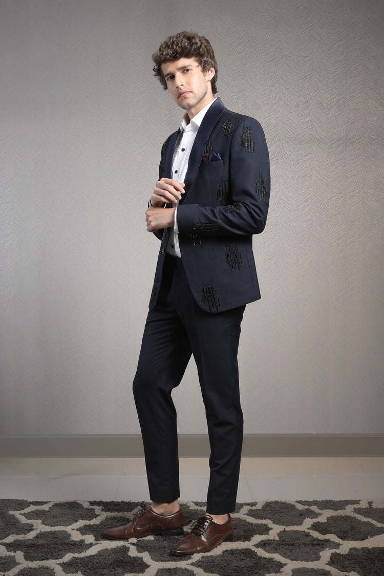Midnight blue embroidered tuxedo blazer set